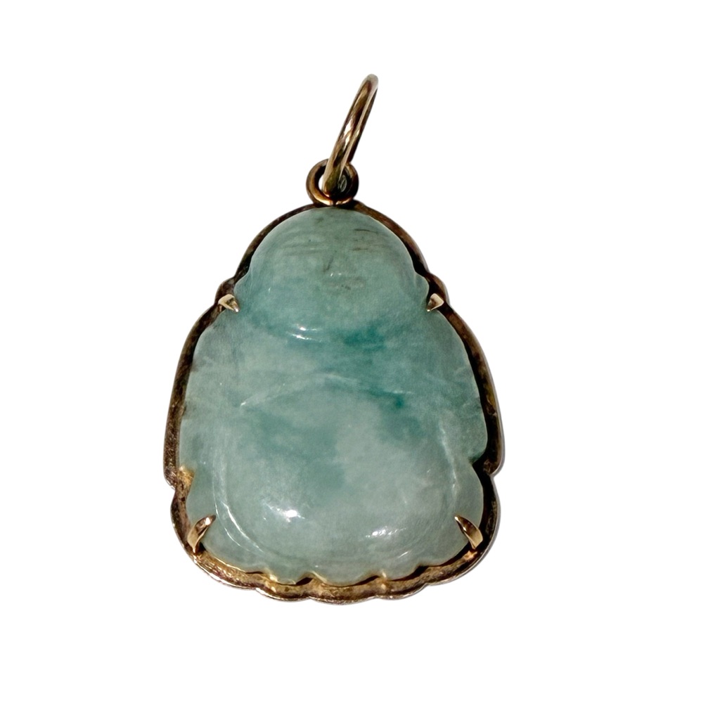 18k Gold Green Laughing Buddha Jade Pendant Necklace Charm